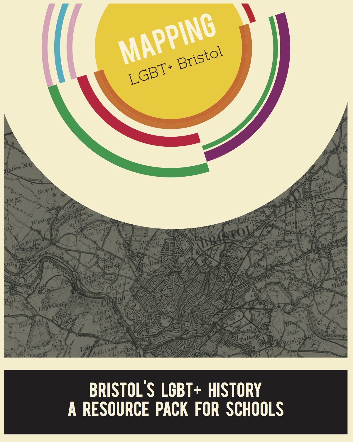 Rainbow circles surround text reading 'Mapping LGBT+ Bristol' superimposed on a black and white map of bristol